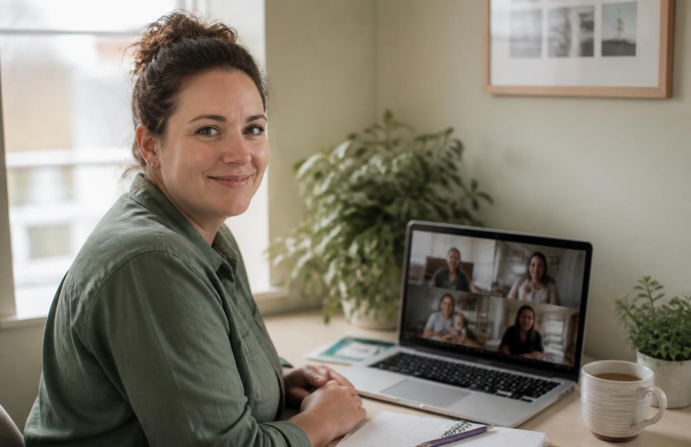 An ambassador at her laptop between two overlapping circles — one of parents with babies, one of her own community — growing together