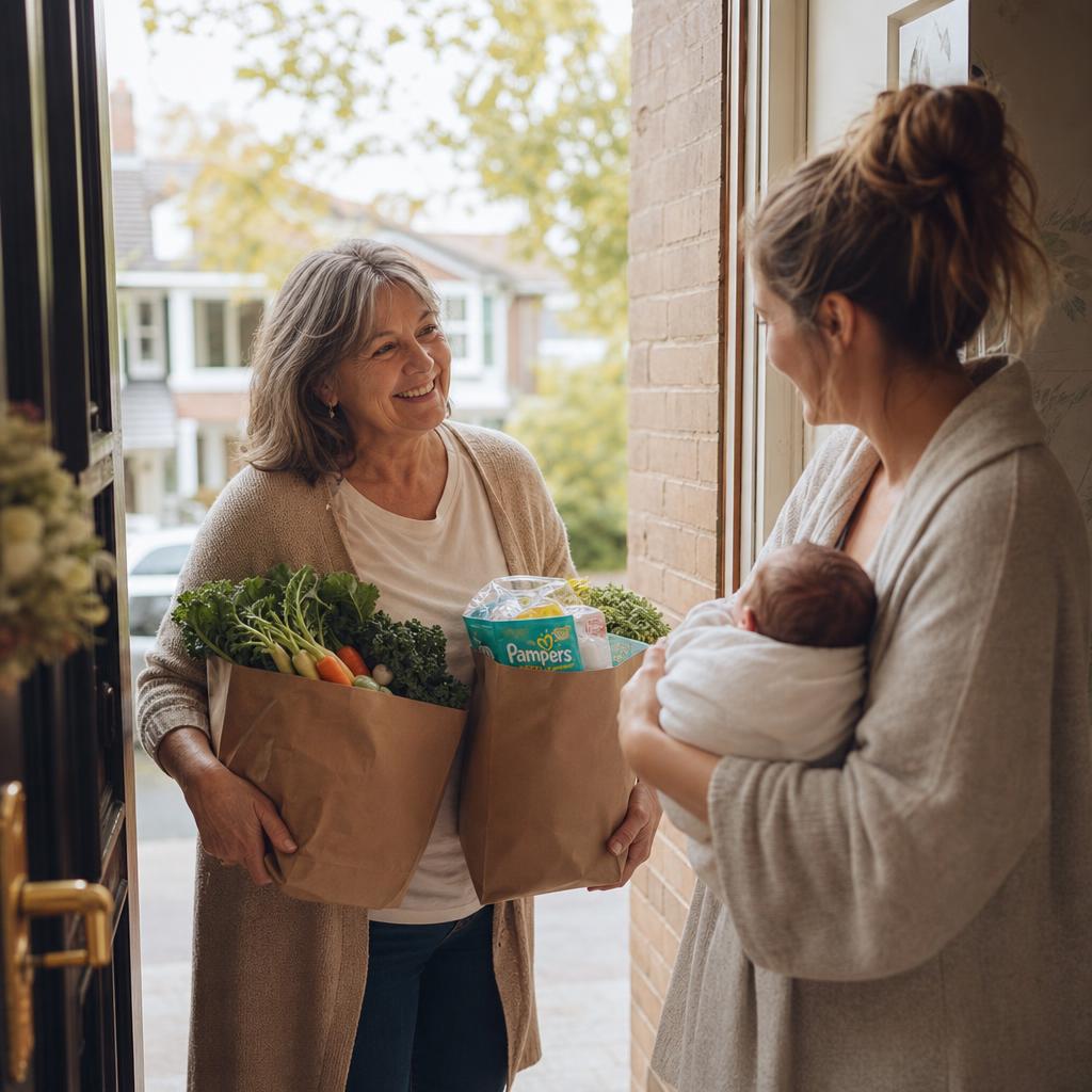A caregiver dropping off bags of groceries and nappies to a mother holding her newborn