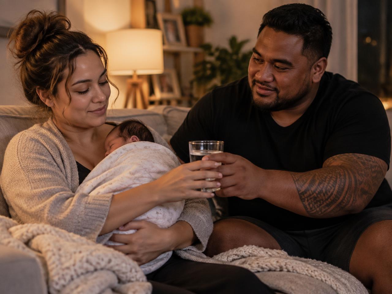 A father handing a glass of water to a mother holding their newborn on the sofa during an evening of cluster feeding
