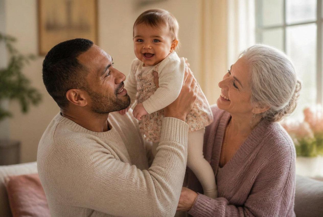 A father lifts his laughing baby up as the grandmother smiles alongside them