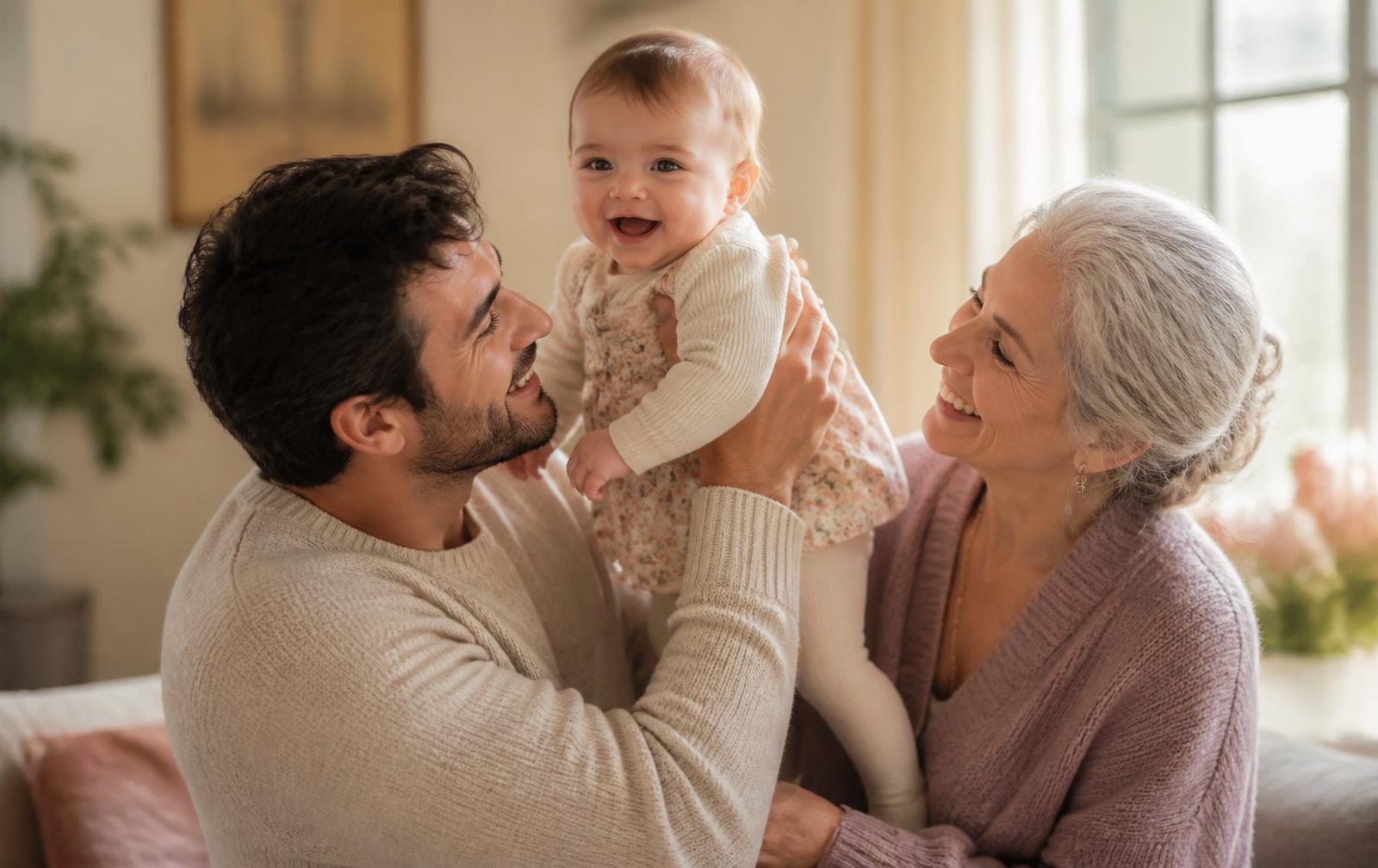 A family gathered together at home, comforting a baby during the evening witching hour