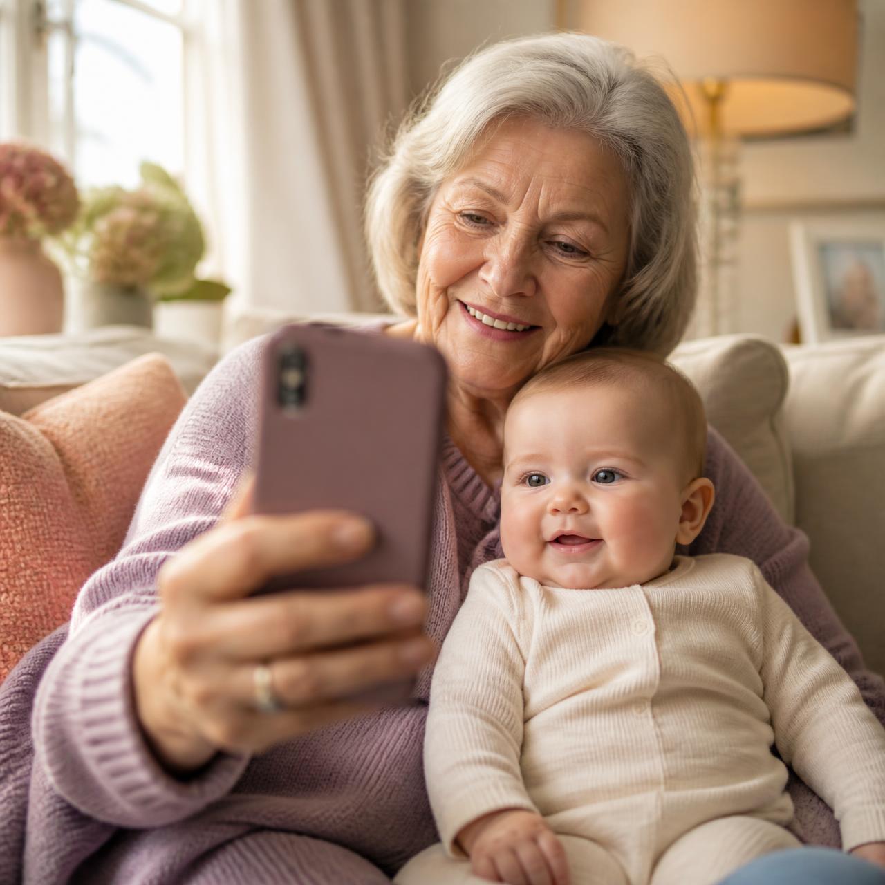 A grandmother smiling as she checks Circle on her phone with her grandchild on her lap