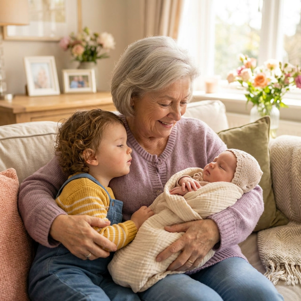 A grandmother on the sofa holding a newborn and a toddler at the same time