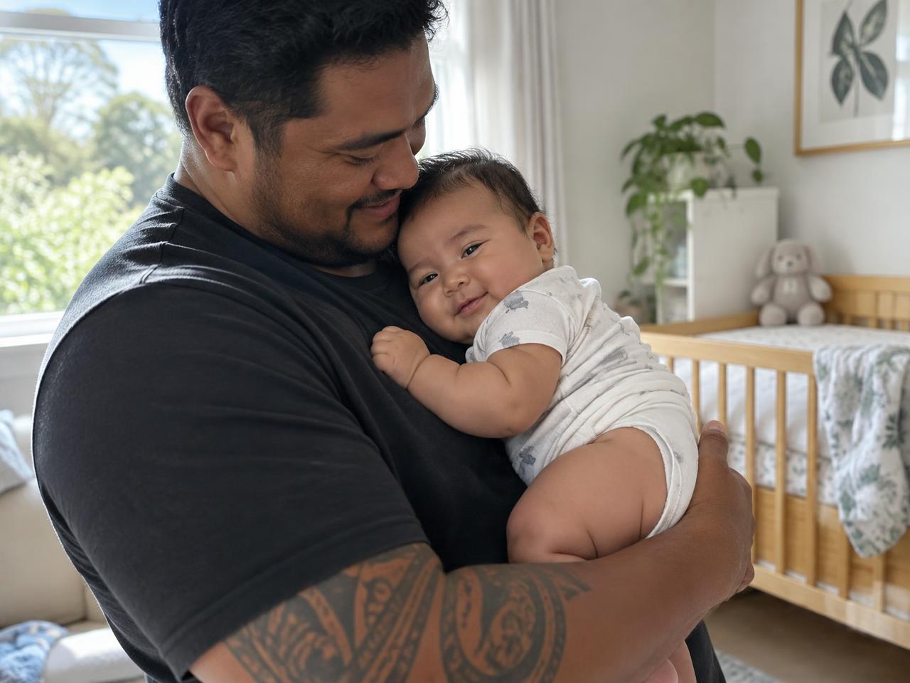 A father cuddling his smiling baby in a sunlit nursery