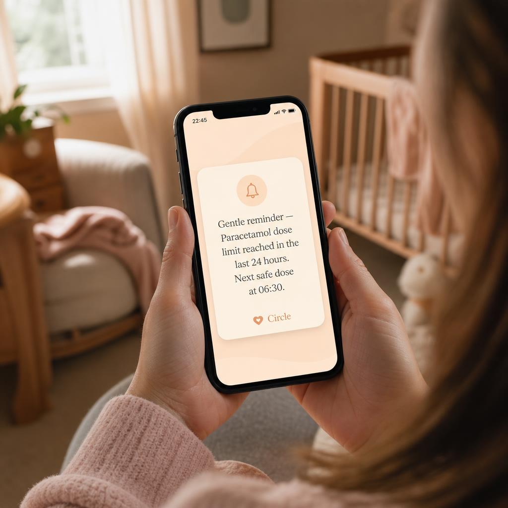 A parent holding a phone showing Circle's gentle paracetamol dose reminder