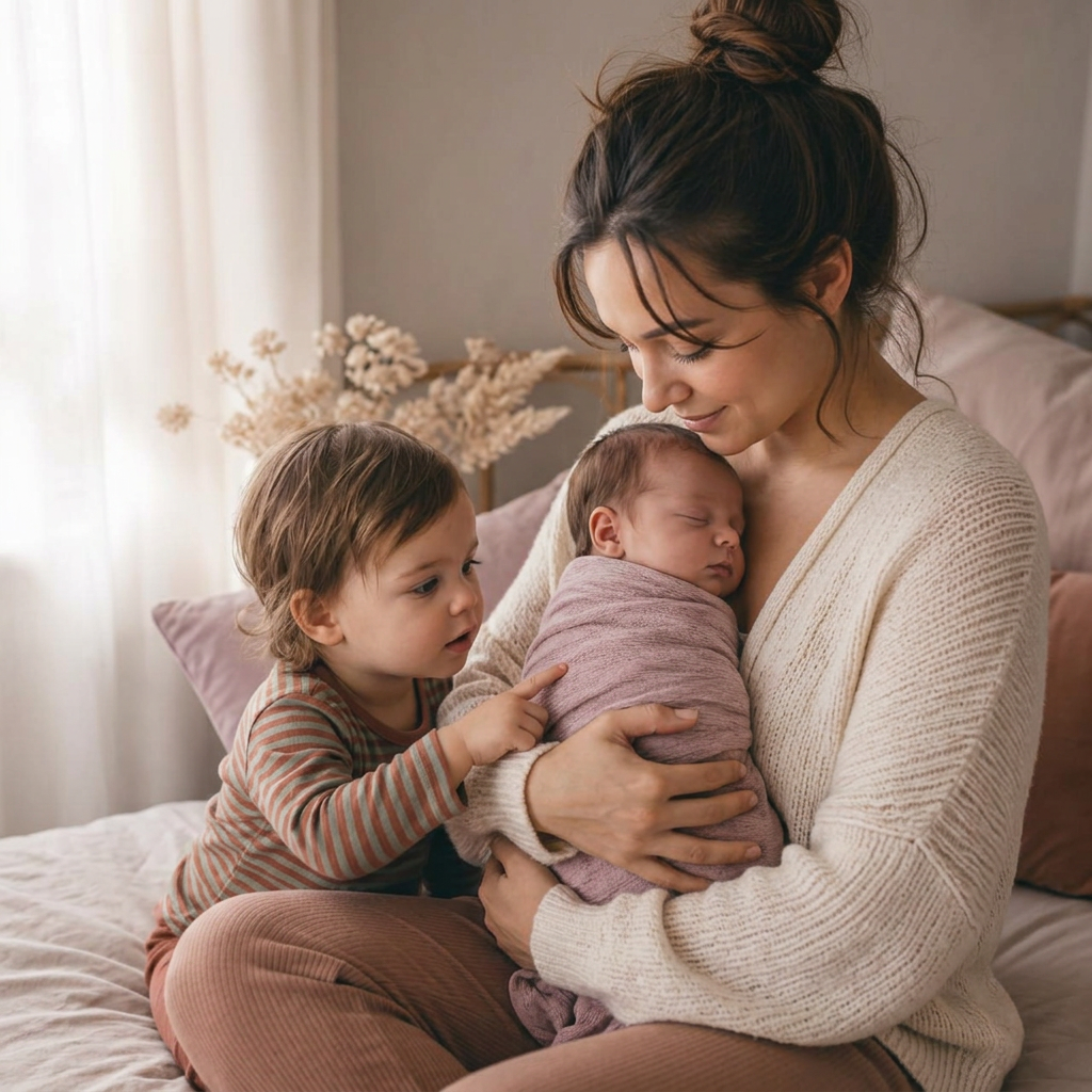 A mother cradling her newborn while her curious toddler sits close beside them