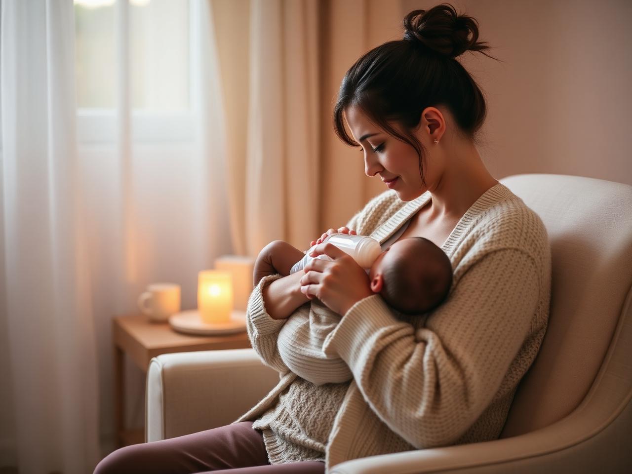 A mother feeding her newborn by lamplight in a nursery armchair during a night feed