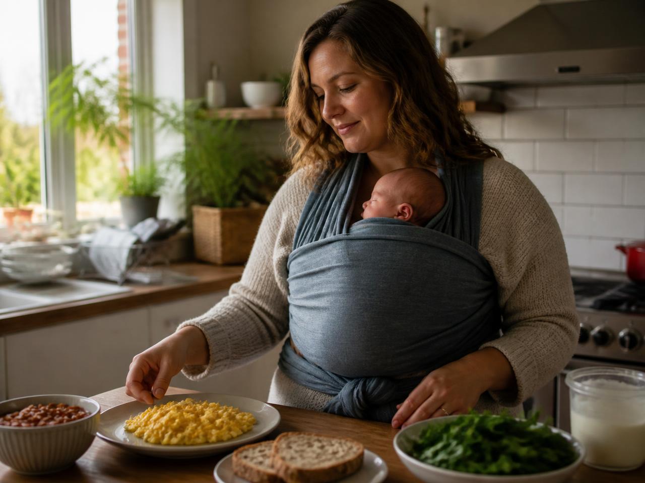 A vegetarian meal of eggs, beans, greens, yoghurt and wholegrain bread with a mother holding her newborn in a sling